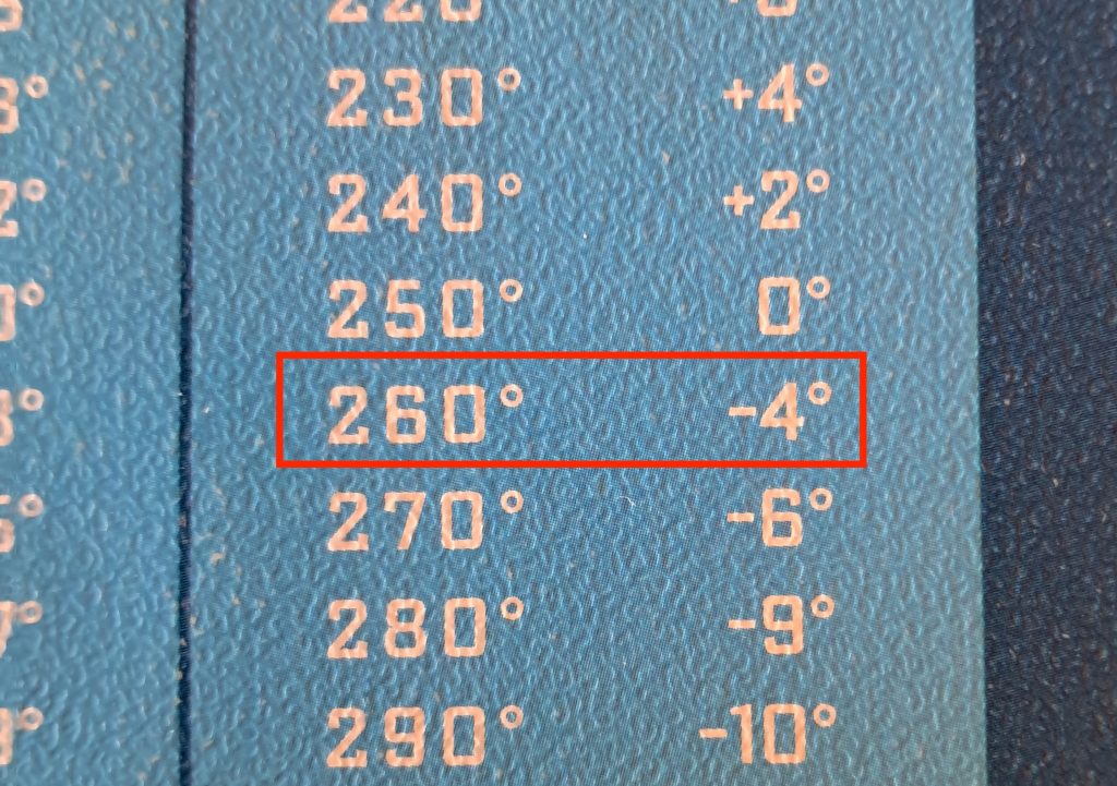 Ablenkung bei 260 Grad mwK